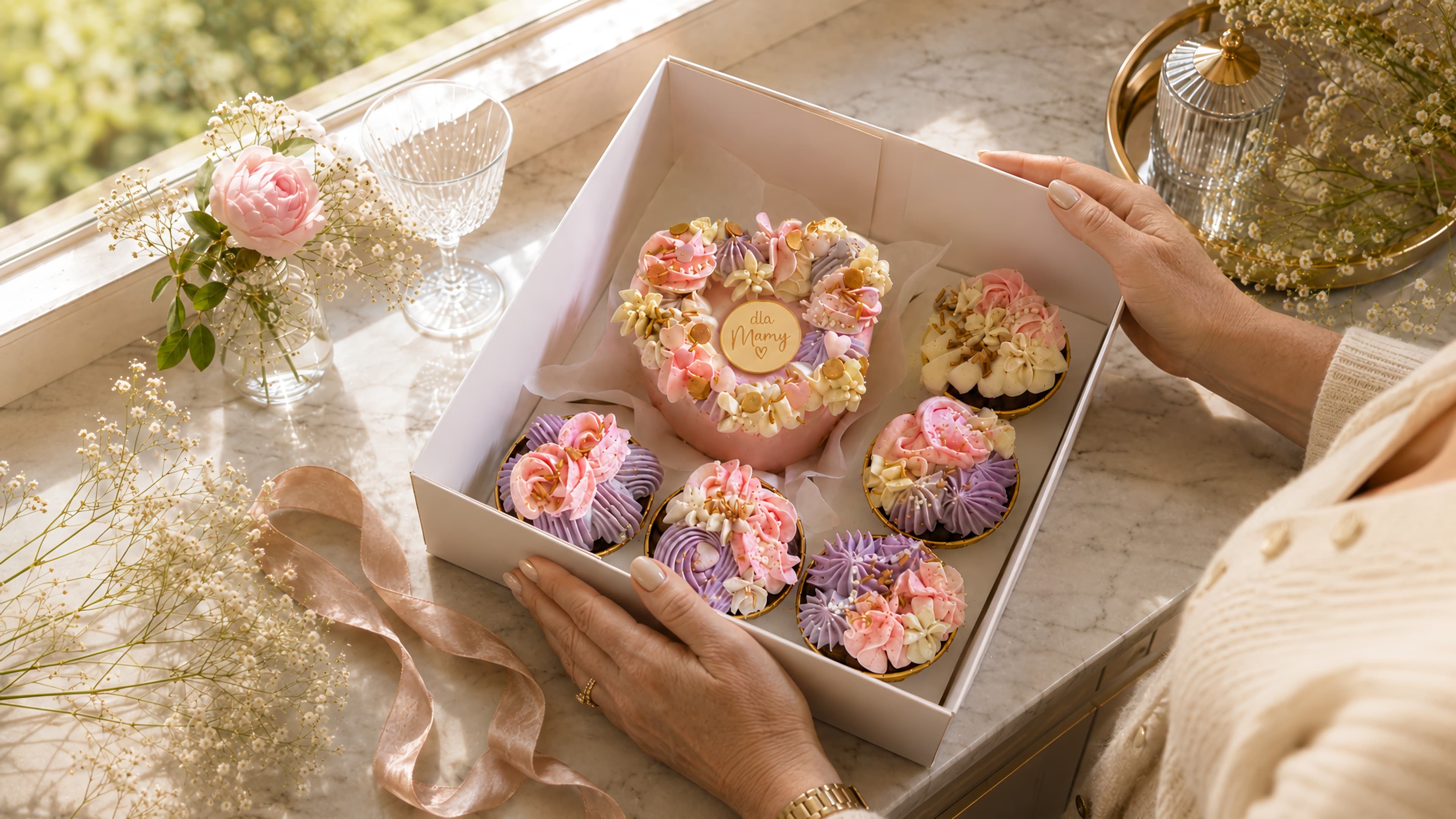 Boks dla Mamy na Dzień Matki — dłonie trzymające otwarty boks z tortem bento i muffinkami bez cukru, Mus Malina